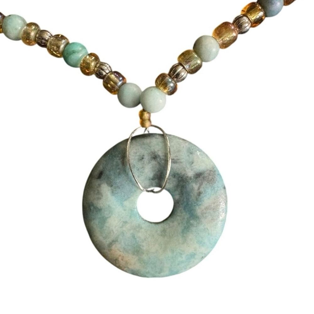 Boho Beaded Stone Donut Pendant Necklace Aqua Green Artisan Statement - Picture 2 of 6